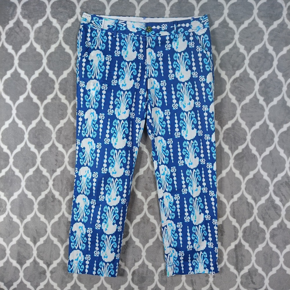 Lilly Pulitzer Cocoanut Walk Crop Pants Womens 6 Blue White Jellyfish 25961